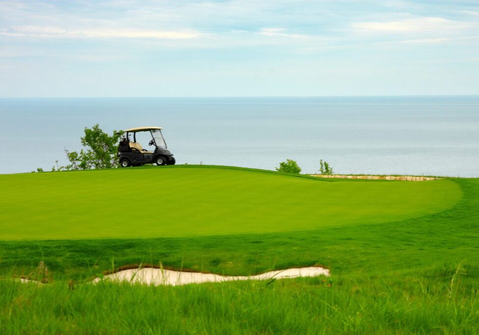 Golf cart on a lush green course near the water at sunset.